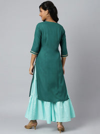 Aurelia Women Green Floral Foil Print Ethnic Liva Kurta