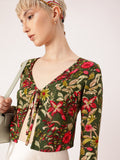 DressBerry Floral Printed Tie-Up Front Open Crop Top