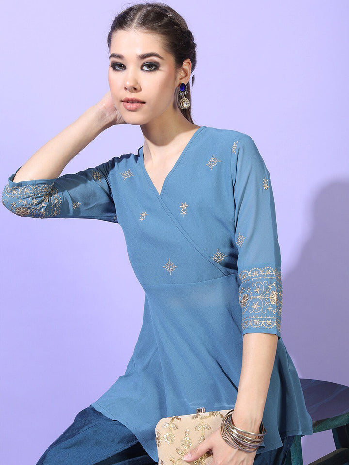 Vishudh Women Teal Ethnic Motifs Embroidered Angrakha Kurti with Dhoti Pants