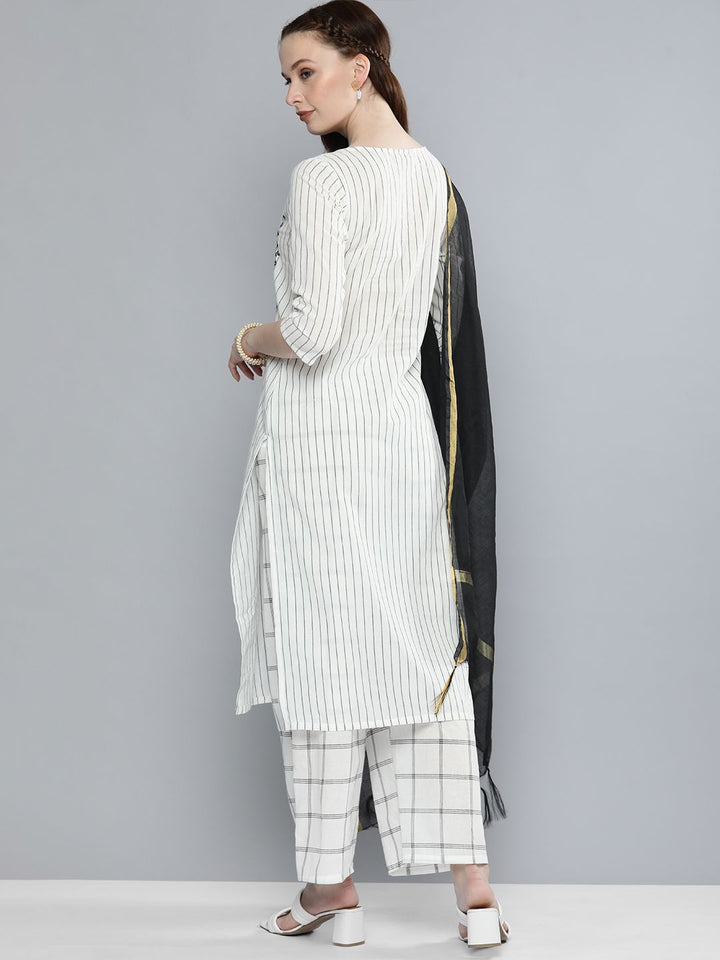 Vishudh Women Off White Striped Regular Pure Cotton Kurta with Palazzos