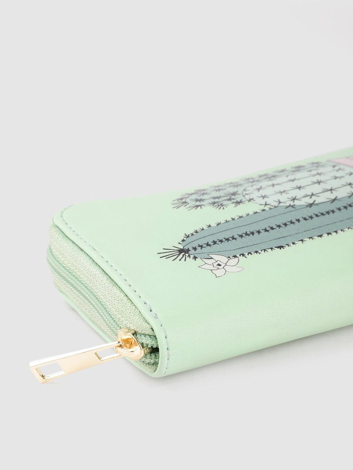 Berrylush Women Green & Pink Printed Zip Detail Zip Around Wallet