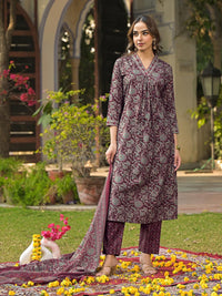KALINI Floral Printed Pleated Kurta with Trouser & Dupatta