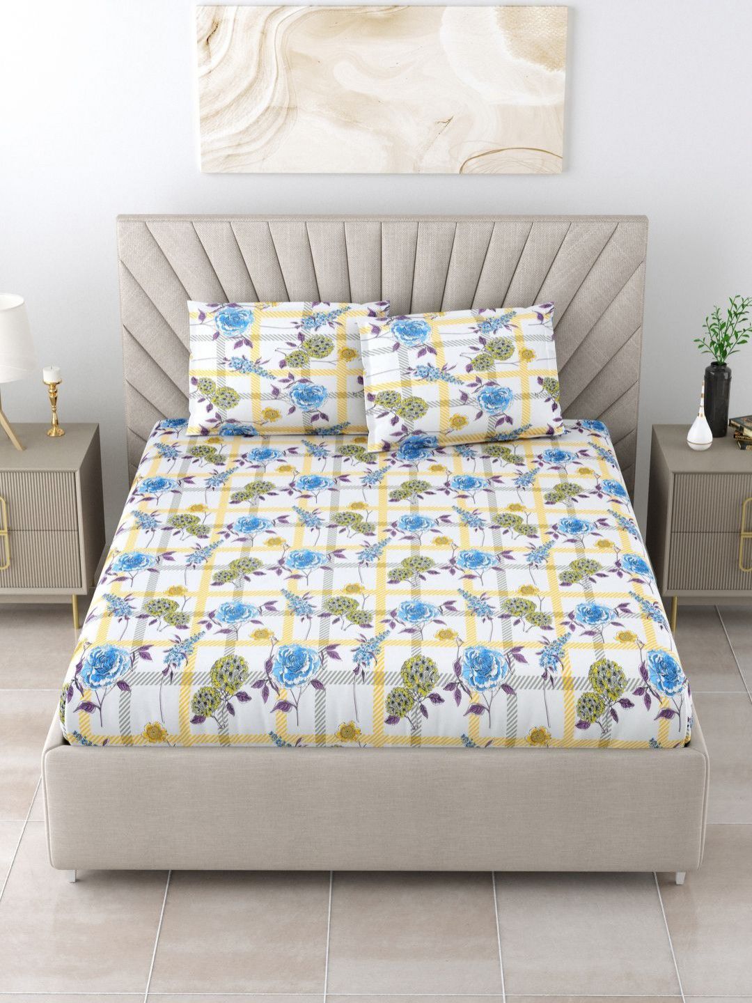BOMBAY DYEING Florentine Blue Printed Pure Cotton 144 TC Queen Bedsheet Set 2.28 X 2.54 m