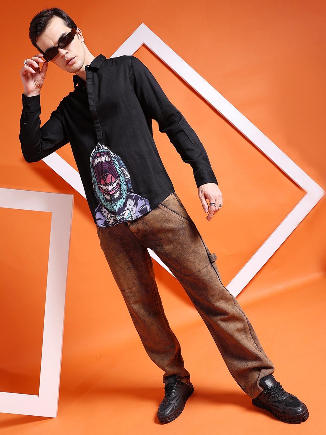 The Indian Garage Co Black Slim Fit Graphic Printed Spread Collar Cotton Casual Shirt