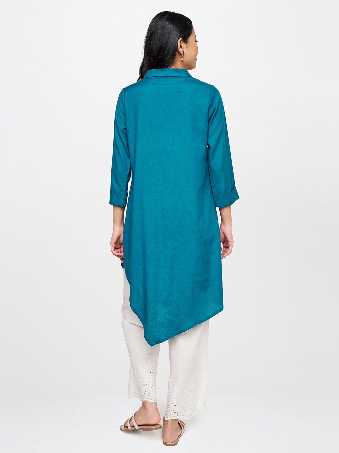 Global Desi Women Teal Solid Rayon Shirt Collar Tunic