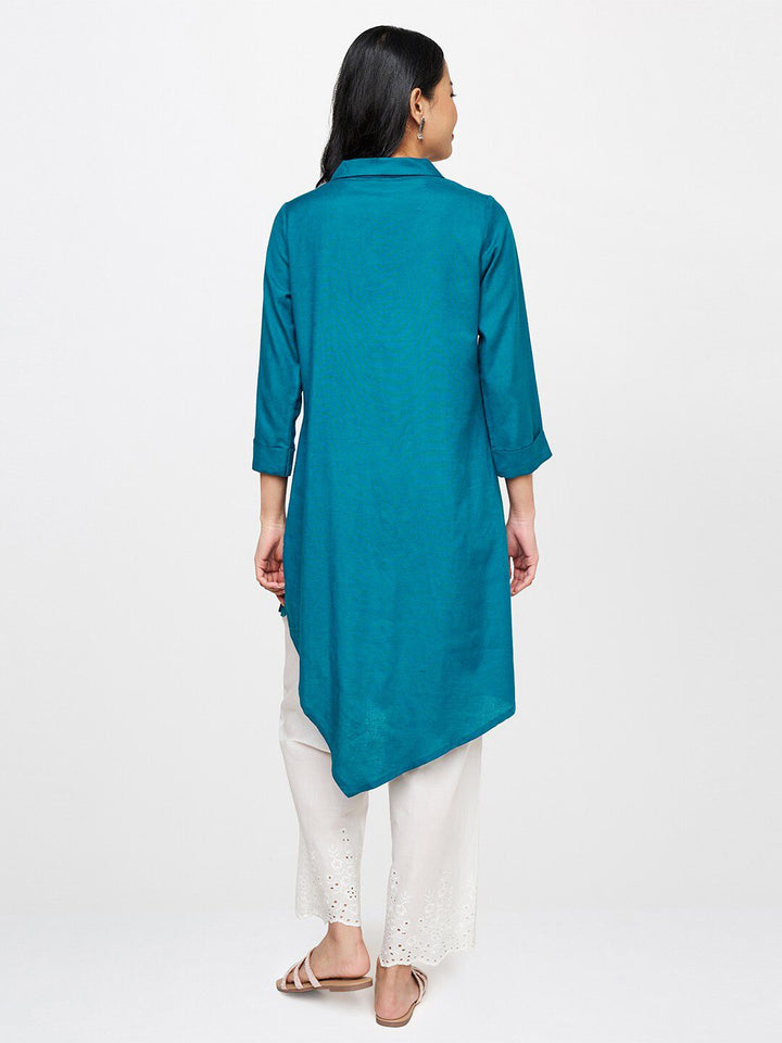 Global Desi Women Teal Solid Rayon Shirt Collar Tunic