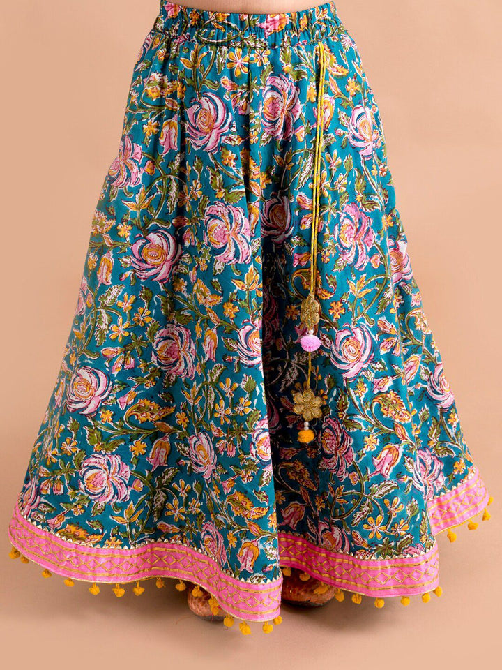 pspeaches Girls Blue & Pink Ready to Wear Lehenga & Blouse With Dupatta