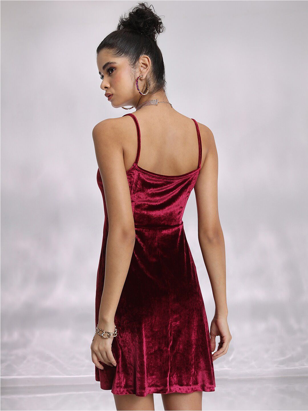 Tokyo Talkies Red Shoulder Straps Velvet Fit & Flare Dress