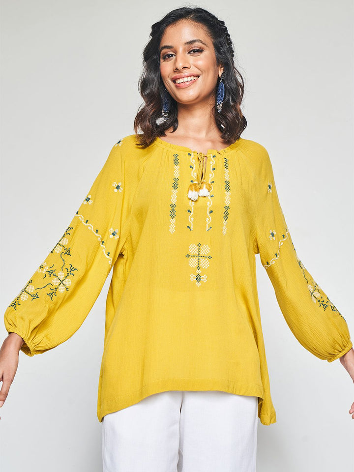 Global Desi Geometric Embroidered Tie-Up Neck Top