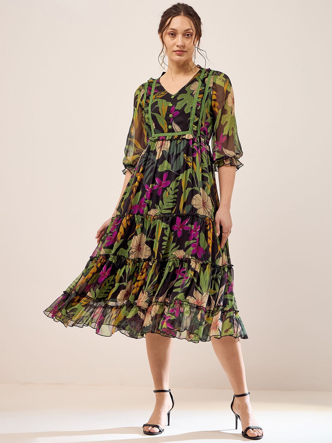 Antheaa Black & Green Floral Printed Puff Sleeves Gathered Tiered Fit & Flare Midi Dress
