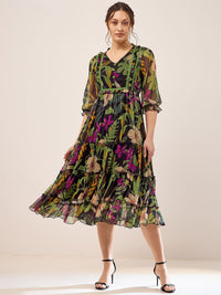 Antheaa Black & Green Floral Printed Puff Sleeves Gathered Tiered Fit & Flare Midi Dress