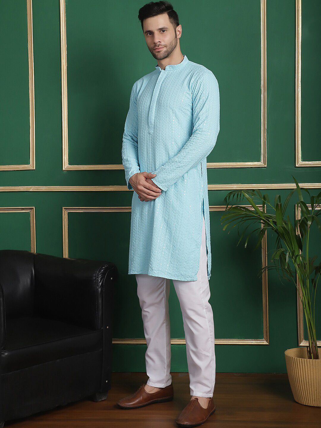Anouk Blue Ethnic Embroidered Straight Kurta with Pyjamas