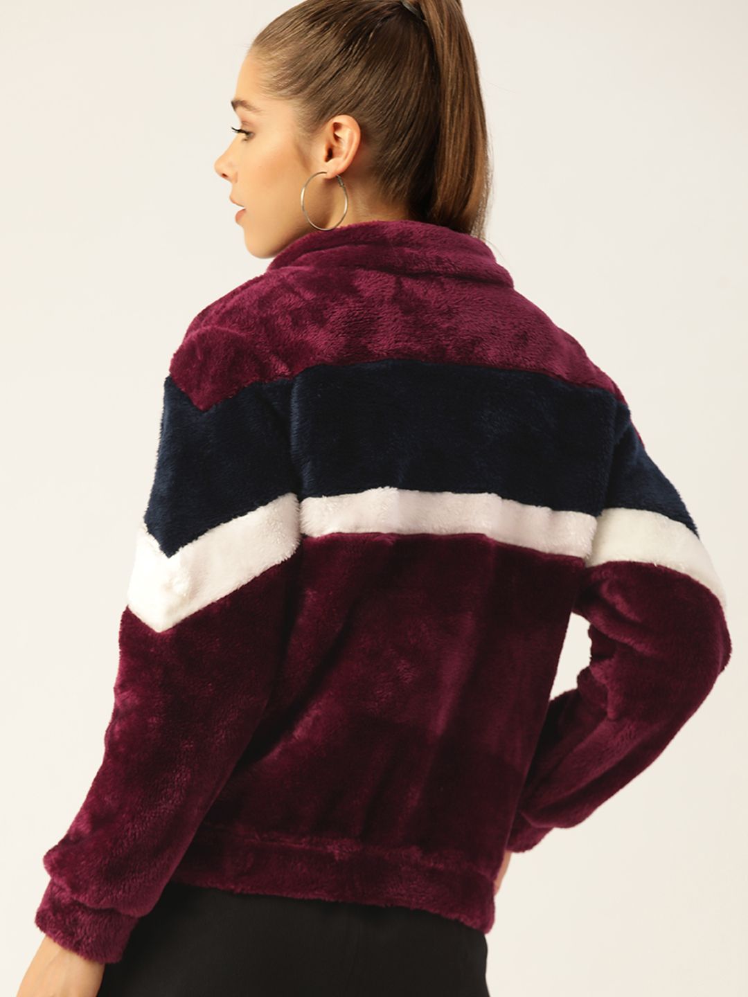 DressBerry Women Burgundy & Navy Blue Faux Fur Colourblocked Sherpa Jacket
