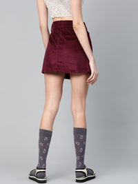 SASSAFRAS Burgundy Self-Striped Corduroy A-Line Mini Pure Cotton Skirt