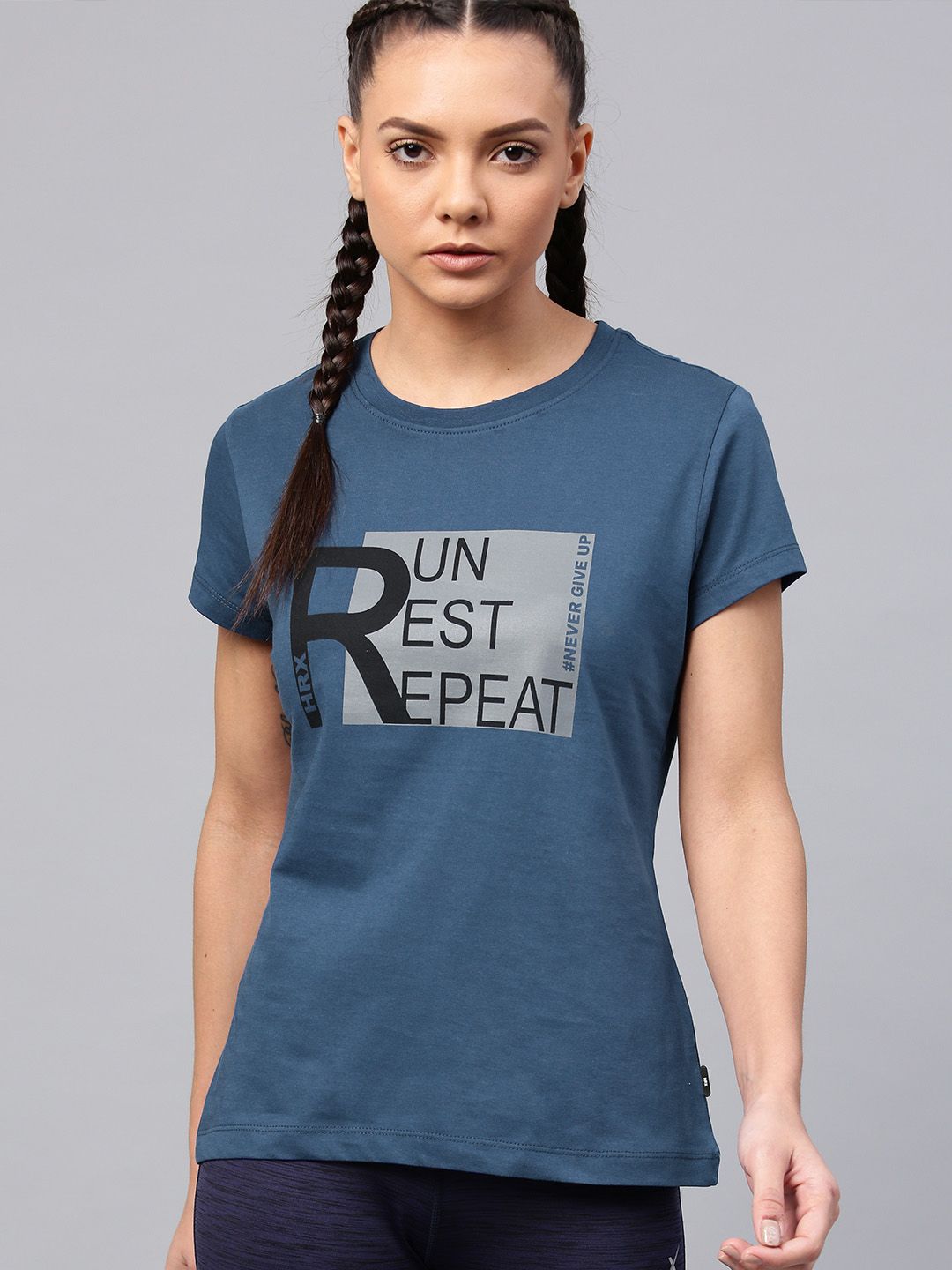 HRX by Hrithik Roshan Women Navy Blue Printed Round Neck T-shirt
