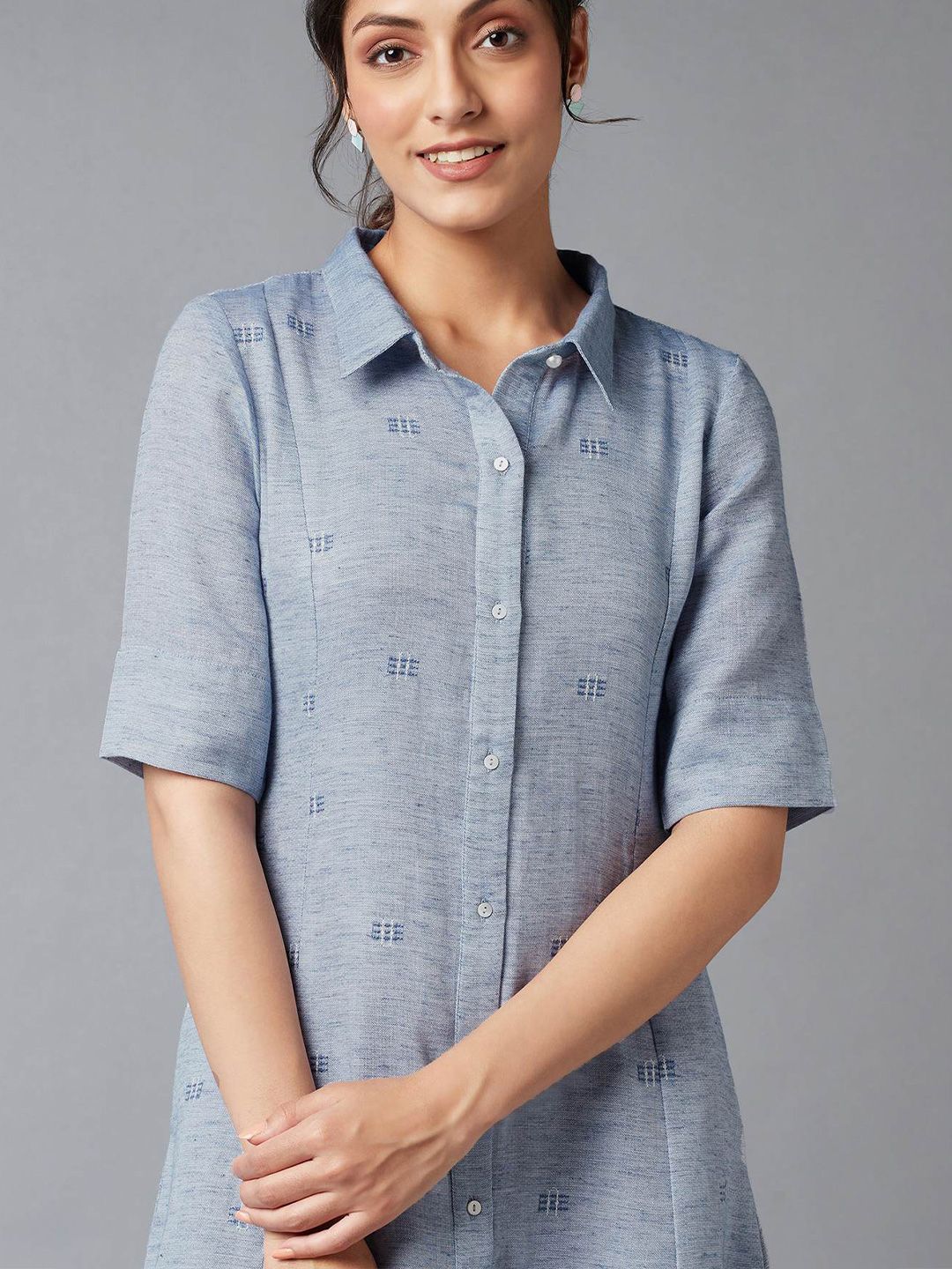 W Women Blue Shirt Collar Midi Dress