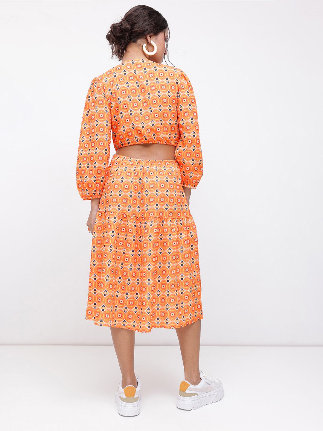 DressBerry Modern Fusion V-Neck Ethnic Print Cut-Out A-line Midi Dress