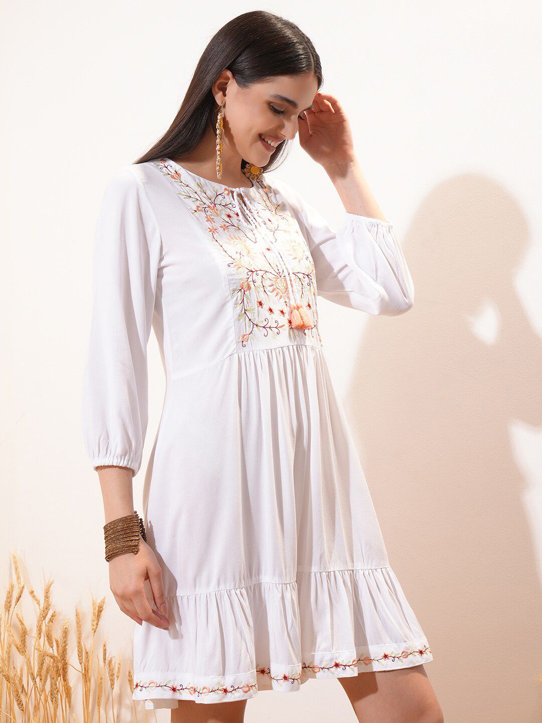Vishudh White Floral Printed Tie-Up Neck Puff Sleeve Fit & Flare Dress