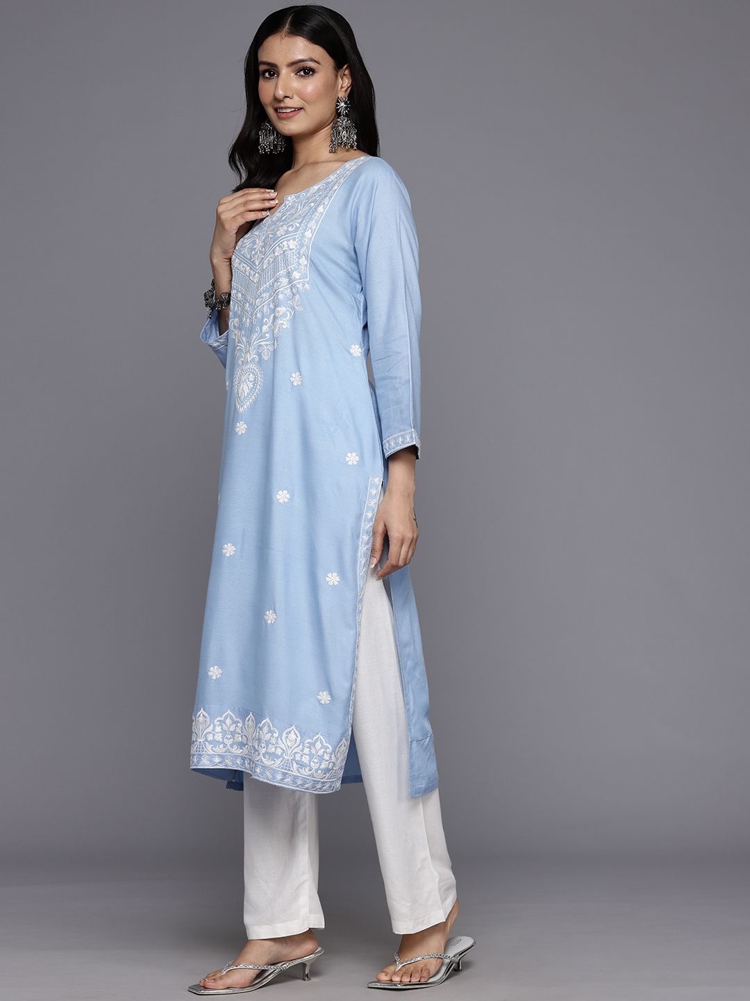 Varanga Floral Embroidered Thread Work Kurta With Trousers & Dupatta