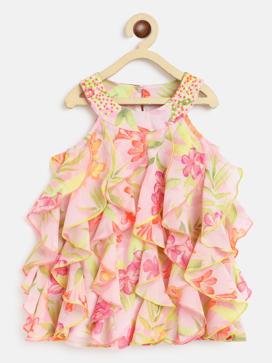 Nauti Nati Pink & Yellow Floral Georgette A-Line Dress