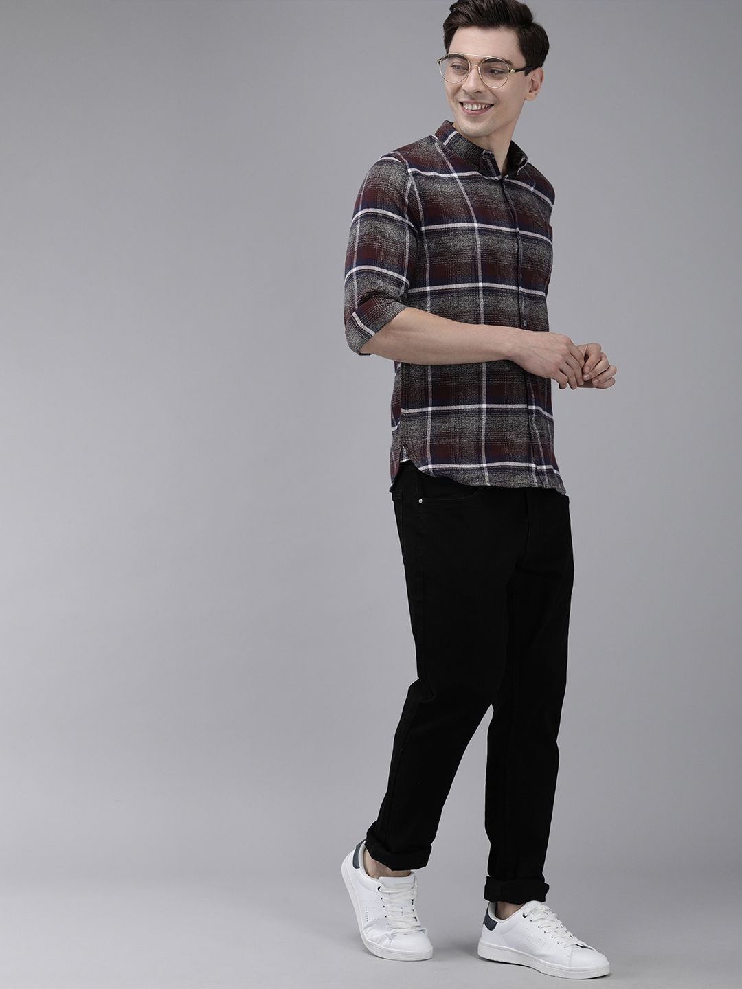 THE BEAR HOUSE Men Grey & Brown Slim Fit Tartan Checked Flannel Pure Cotton Casual Shirt