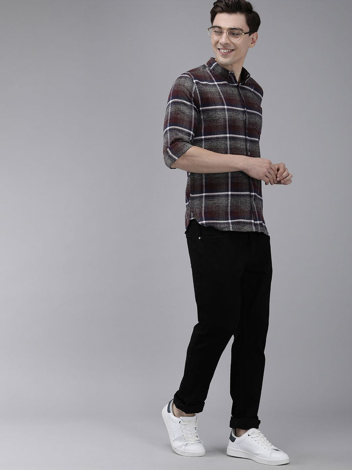 THE BEAR HOUSE Men Grey & Brown Slim Fit Tartan Checked Flannel Pure Cotton Casual Shirt