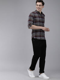 THE BEAR HOUSE Men Grey & Brown Slim Fit Tartan Checked Flannel Pure Cotton Casual Shirt