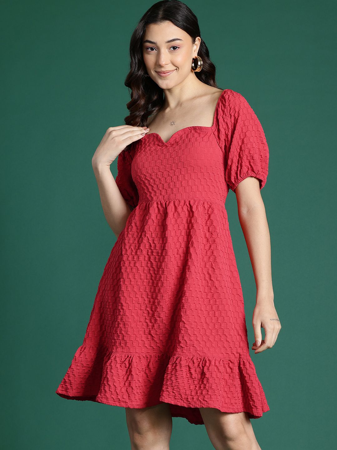 DressBerry Textured Sweetheart Neck  A-Line Dress