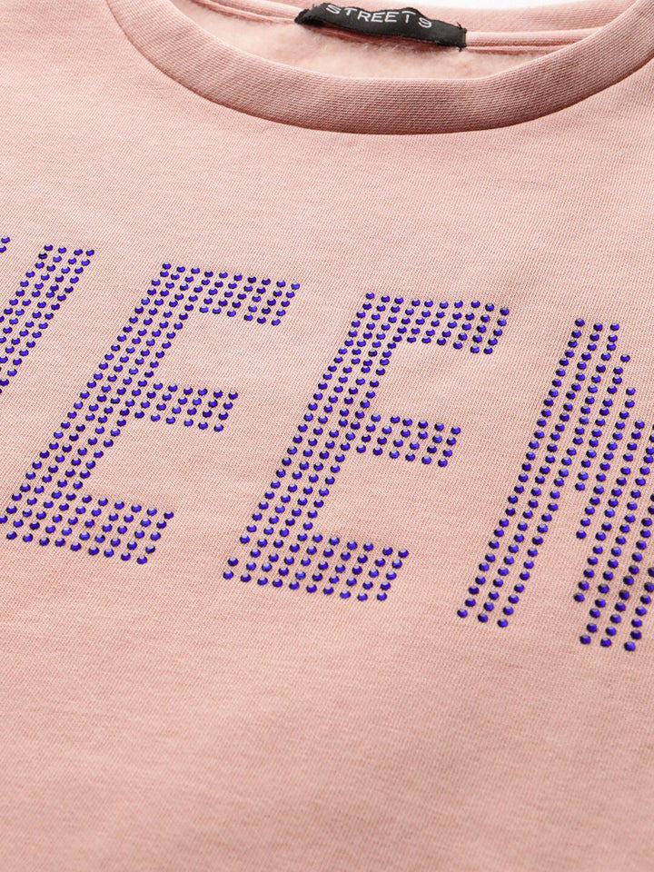 STREET 9 Women Pink Printed Pure Cotton Crop Sweatshirt