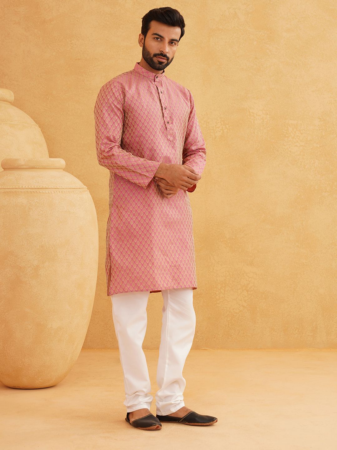 SOJANYA Ethnic Motif Woven Design Mandarin Collar Straight Kurta With Churidar