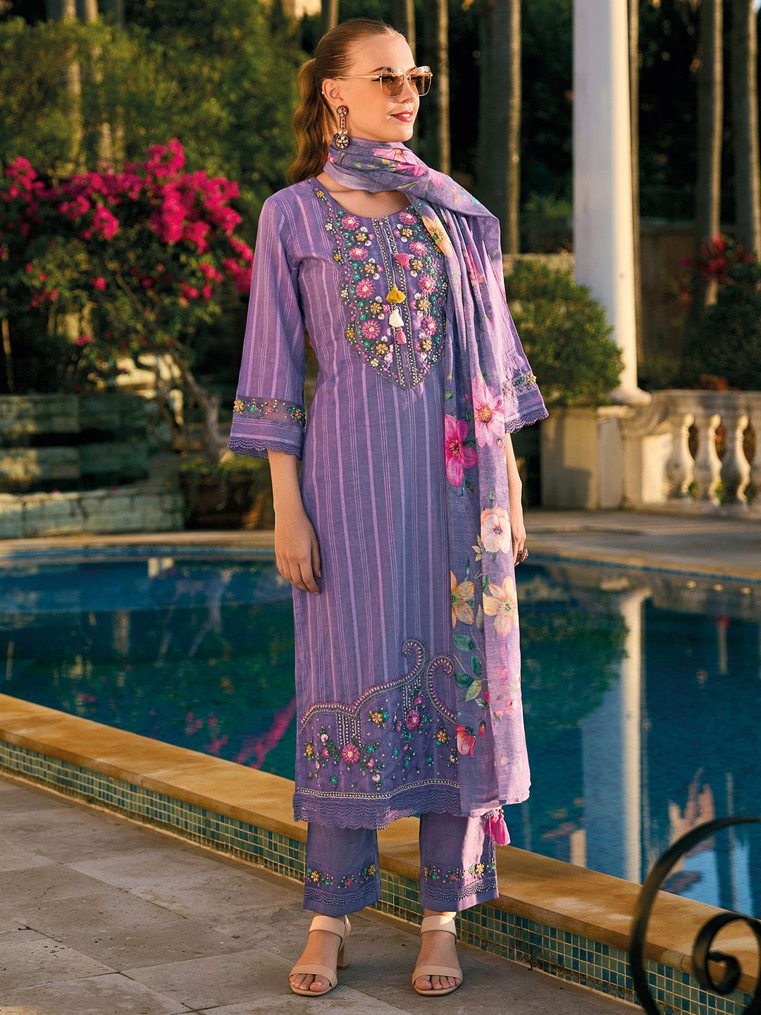 Indo Era Floral Embroidered Regular Thread Work Pure Cotton Kurta With Trousers & Dupatta