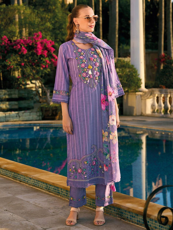 Indo Era Floral Embroidered Regular Thread Work Pure Cotton Kurta With Trousers & Dupatta