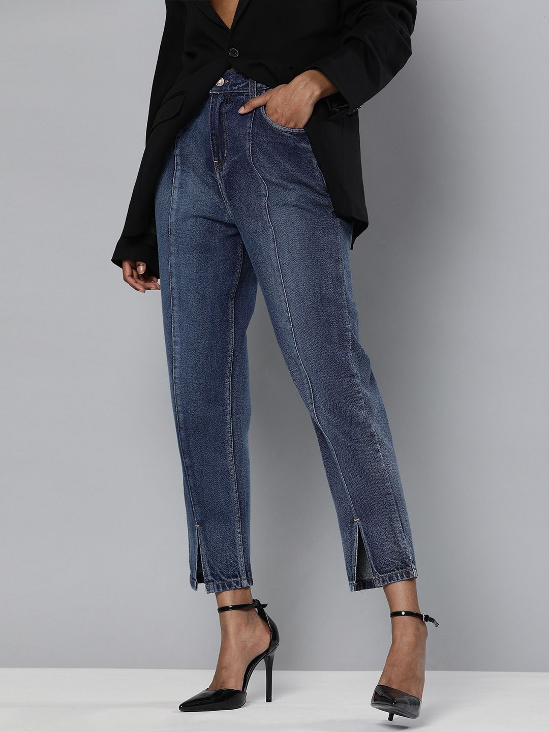 SASSAFRAS Women Blue Regular Fit High-Rise Clean Look Panelled Cropped Jeans