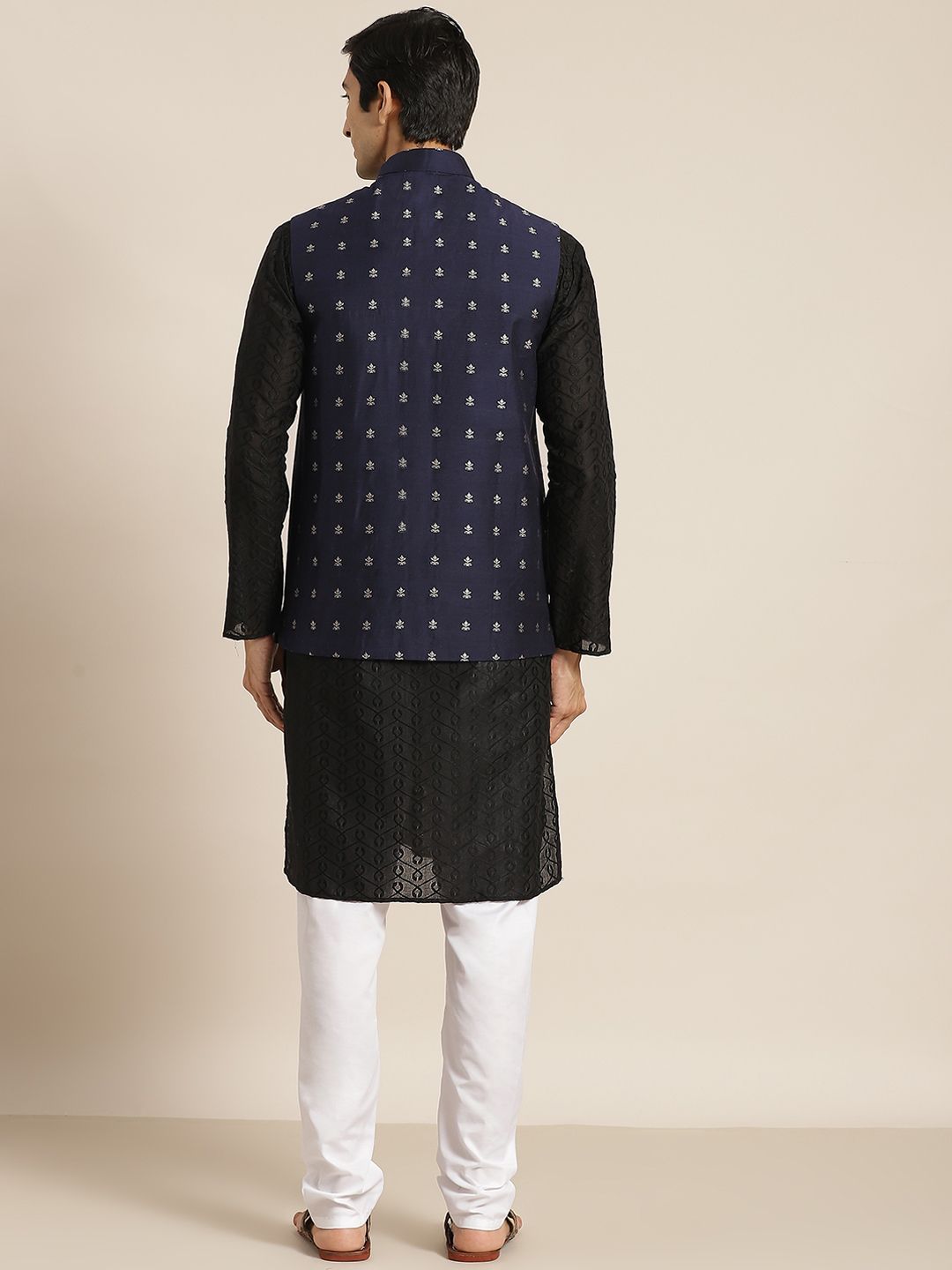 SOJANYA Men Black Ethnic Motifs Chikankari Pure Cotton Kurta with Churidar & Nehru Jacket