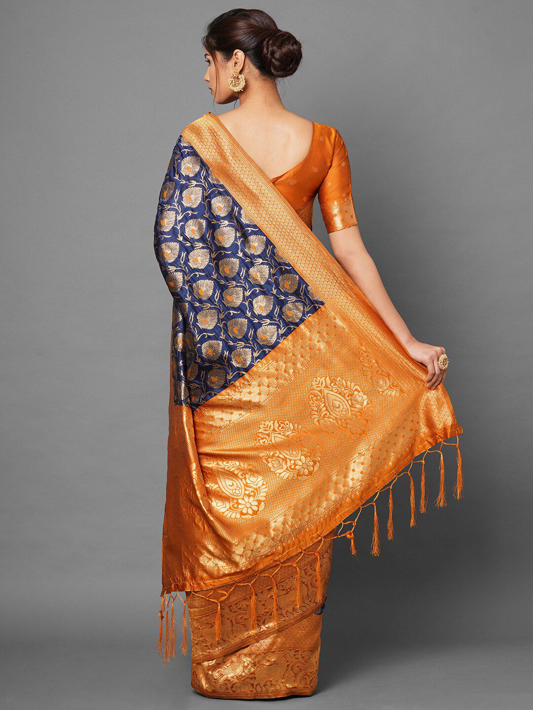 Saree mall Navy Blue & Orange Woven Design Zari Silk Blend Banarasi Sarees