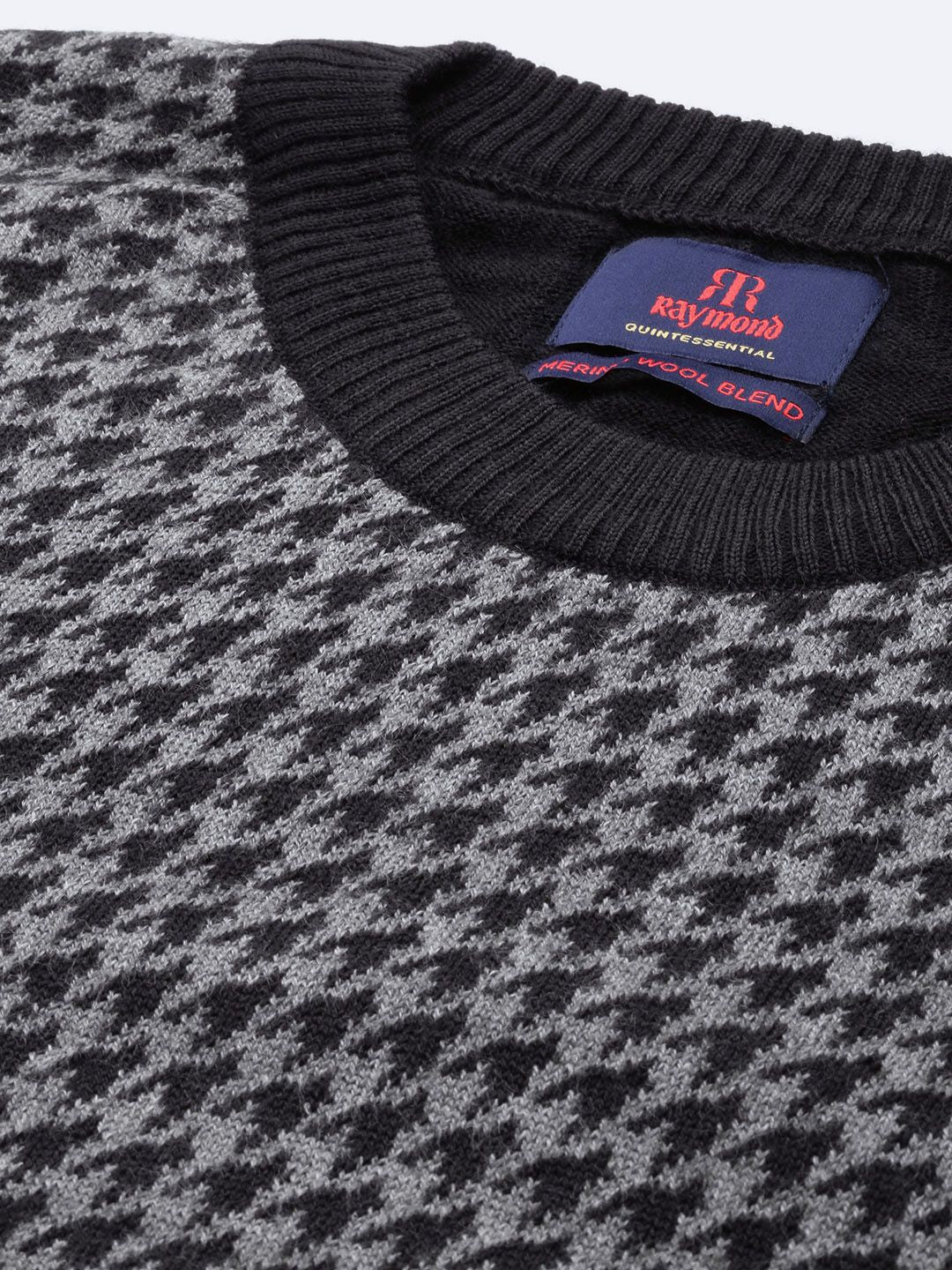 Raymond Men Black & Grey Self-Design Round-Neck Pullover Sweater