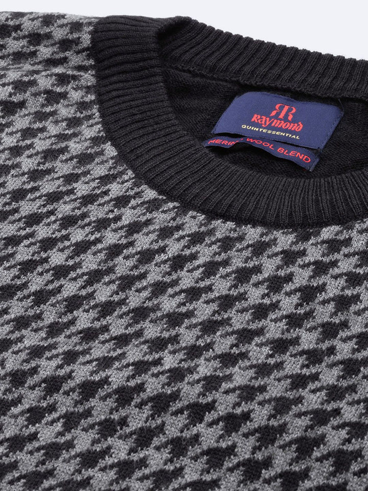 Raymond Men Black & Grey Self-Design Round-Neck Pullover Sweater