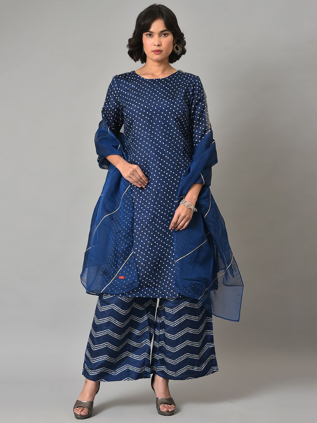 W Festive Bandhani Print Silk Kurta With Palazzos & Dupatta