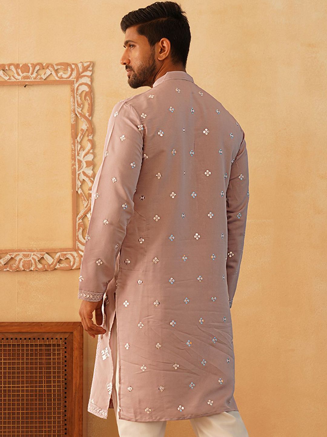 Jompers Ethnic Motifs Embroidered Band Collar Sequinned Straight Kurta