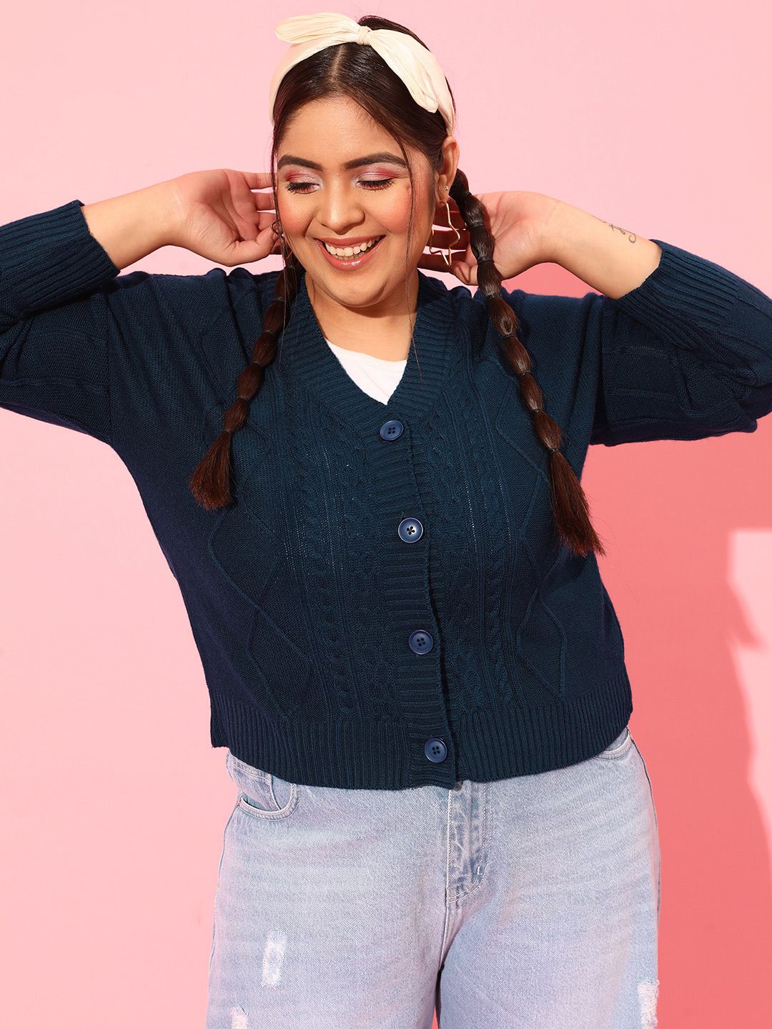 CURVY STREET Plus Size Women Cable Knit Acrylic Cardigan