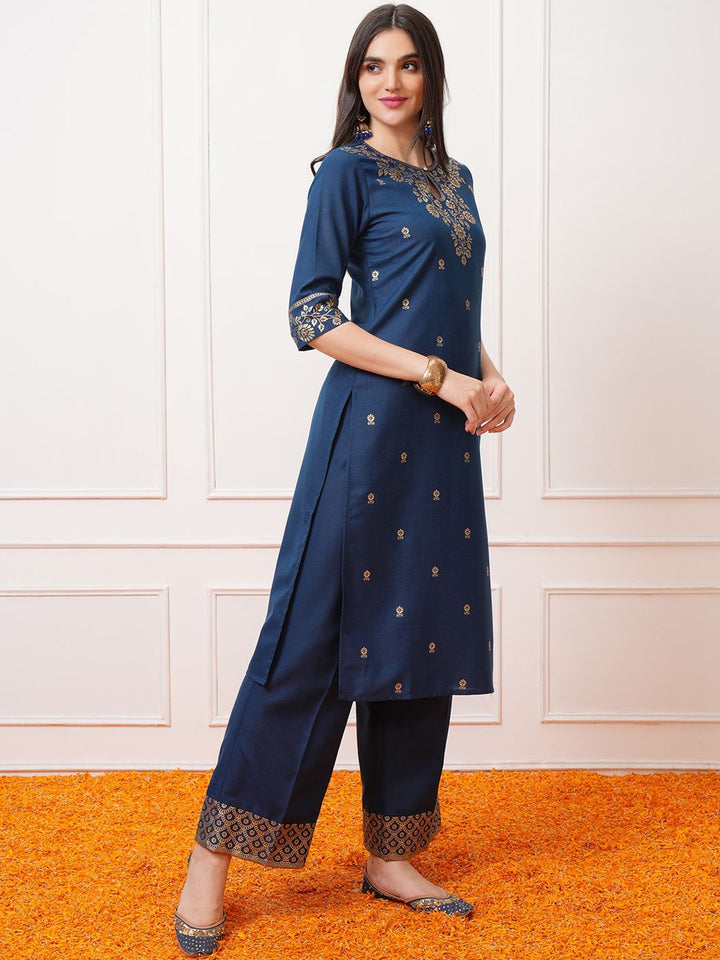 Vishudh Teal Blue Floral Printed Regular Kurta with Palazzo & Dupatta
