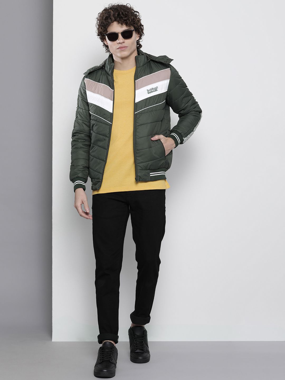 The Indian Garage Co Men Olive Green & White Striped Padded Jacket