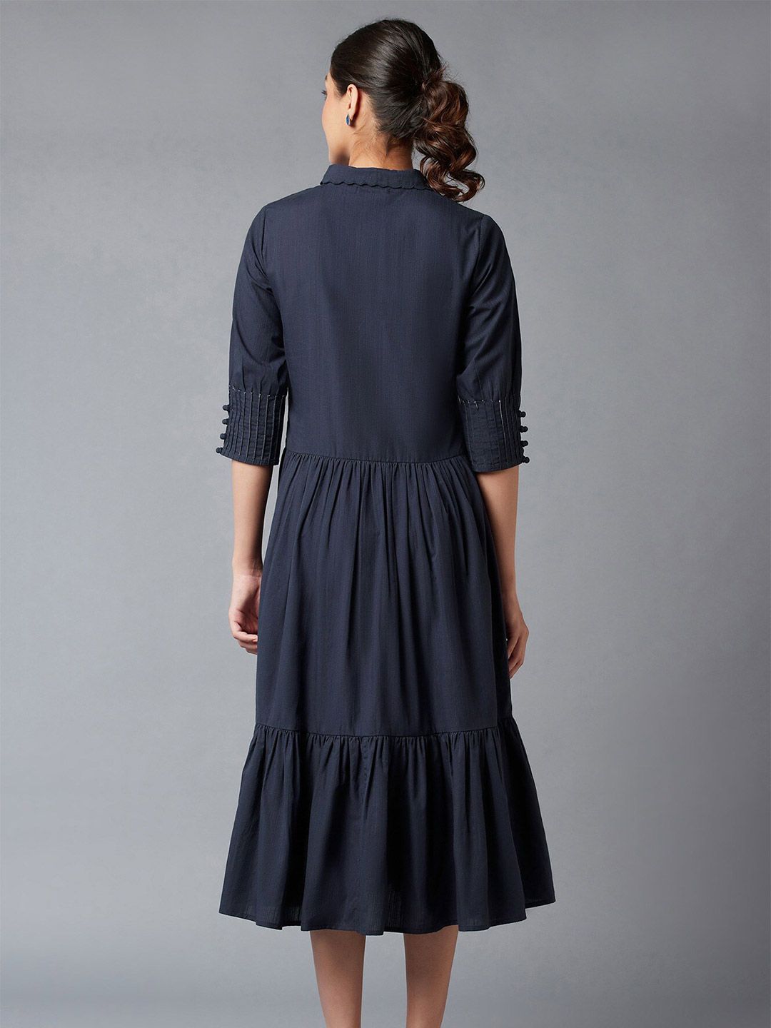 W Women Blue & White Embroidered A-Line Midi Dress
