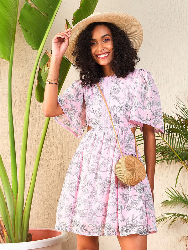 SASSAFRAS Floral Print Flared Sleeve Cut Out Georgette Fit & Flare Dress