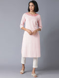 W Women Coral & White Striped Thread Work Kurta