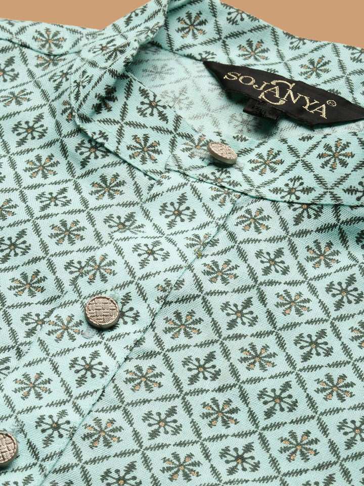 SOJANYA Band Collar Ethnic Motifs Printed Cotton Linen Kurta with Pyjamas