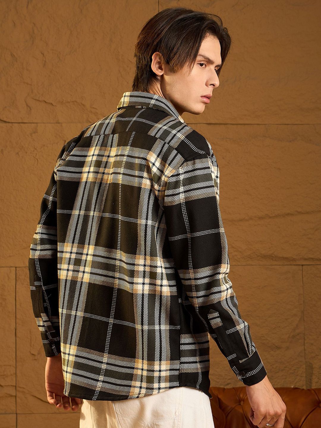 DENNISON Men Double Pocket Drop Shoulder Oversized Cotton Checked Shacket