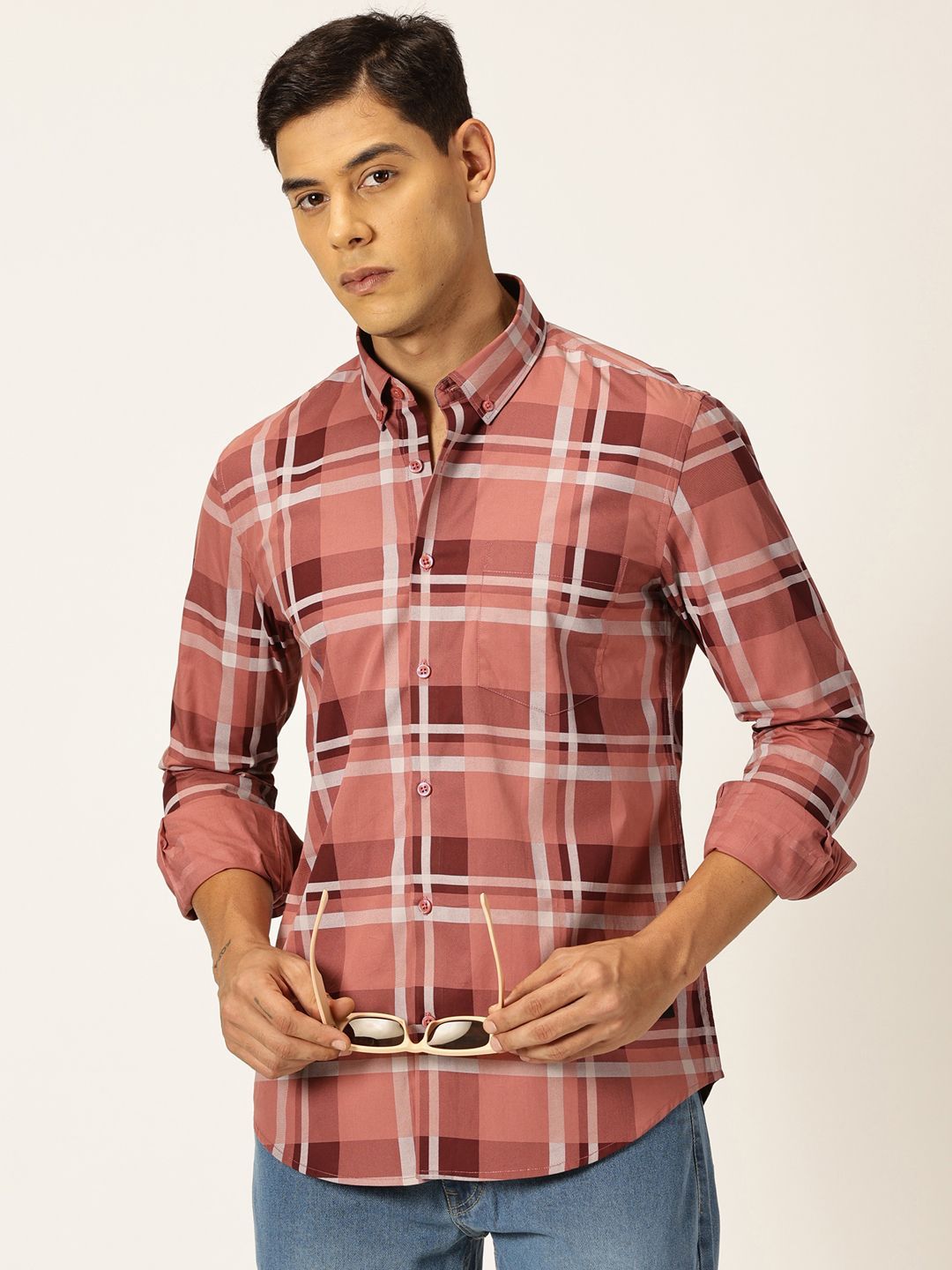 Thomas Scott Men Tartan Checks Button-Down Collar Casual Shirt