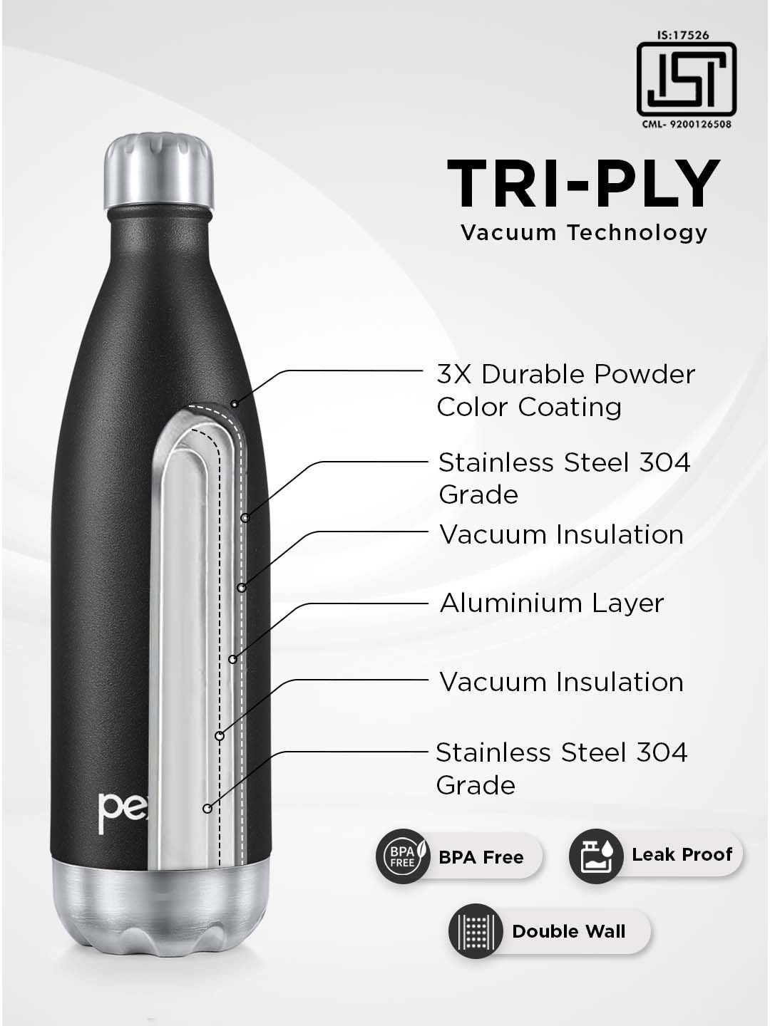 Pexpo ELECTRO ISI Certified Thermosteel 24 Hrs Hot & Cold flask Black Water Bottle-1000ml