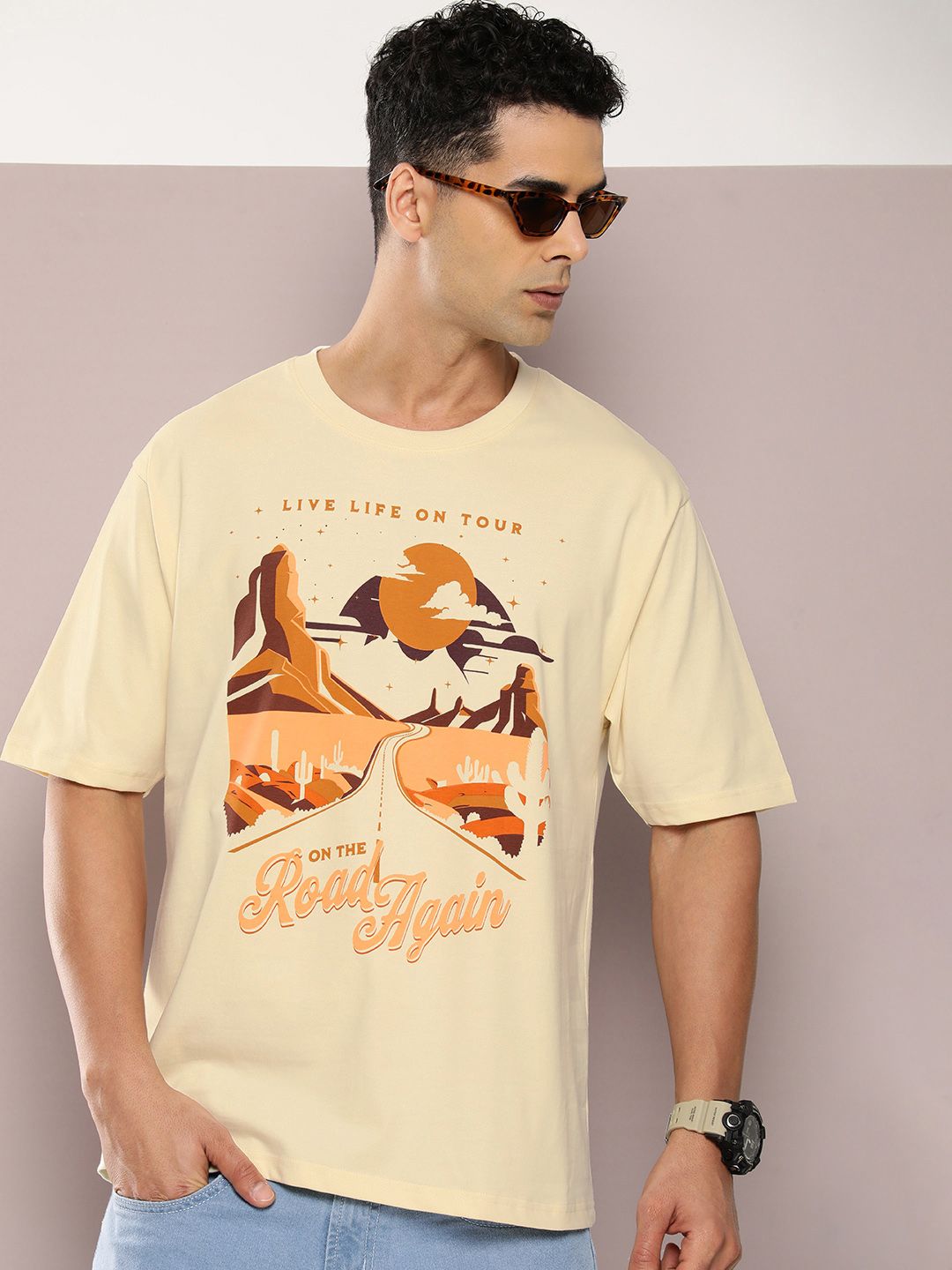 DILLINGER Men Graphic Printed Oversized Drop-Shoulder Sleeves Pure Cotton T-shirt